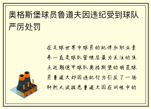 奥格斯堡球员鲁道夫因违纪受到球队严厉处罚